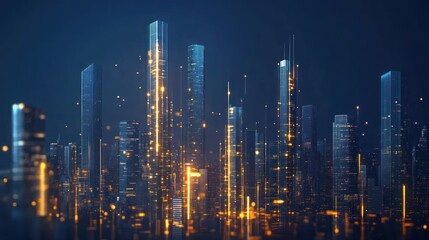 Futuristic cityscape with glowing skyscrapers and digital elements.