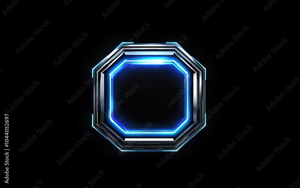 Poster futuristic octagonal frame with glowing blue lights on a dark background showcasing high-tech design