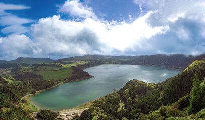 Lagoa das Furnas view from the Pico do Ferro viewpoint, Furnas Valley, São Miguel Island, Azores Islands, Portugal