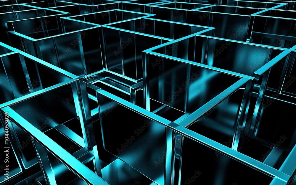 Poster a dynamic three-dimensional maze created from glowing blue transparent blocks with intricate pathway