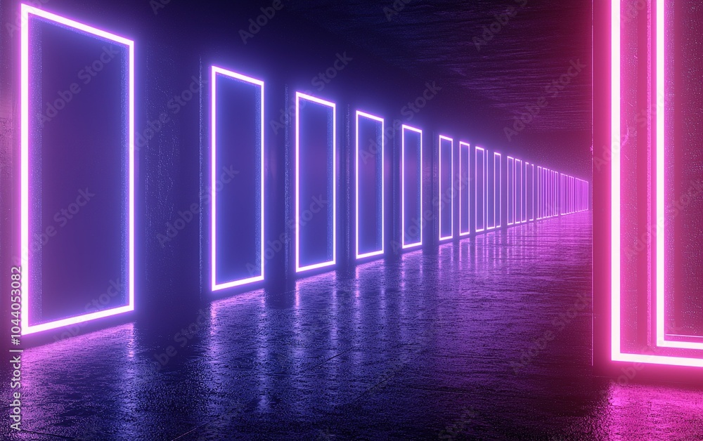 Poster a vibrant hallway lined with glowing neon frames creating an immersive atmosphere in a dark setting 