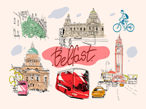 Set of Belfast landmarks and buildings. Hand drawn vector illustration art. 