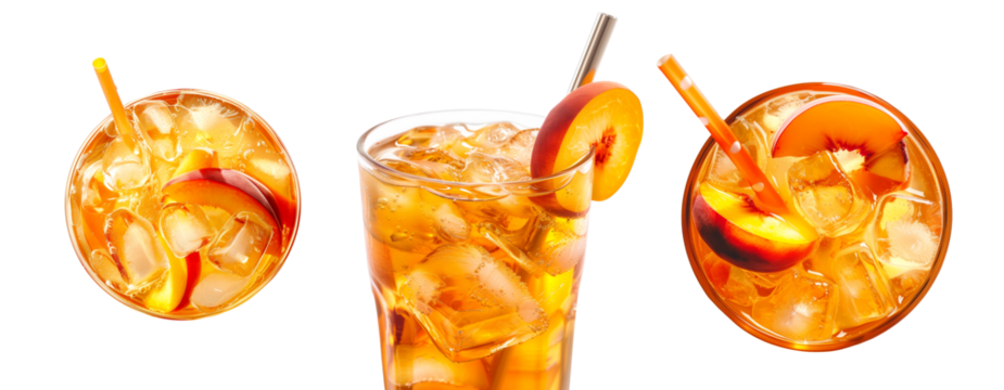 Refreshing peach ice tea filled with ice cubes and lemon slices isolated on white transparent background.