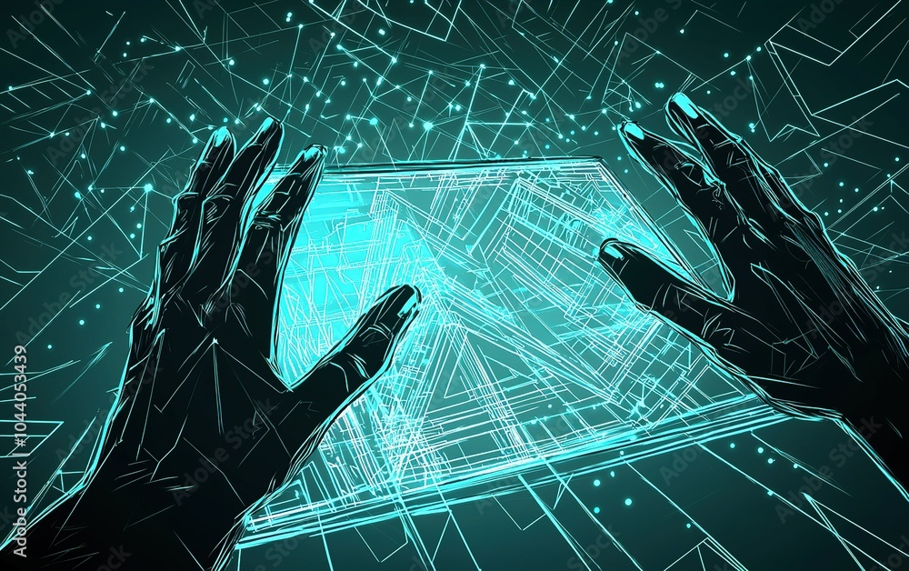 Poster hands manipulating a digital interface with glowing blue lines in a futuristic setting during an int