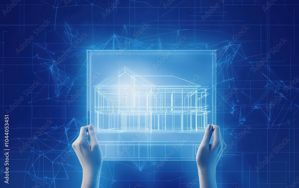 Poster blueprint of a modern building displayed in a holographic format with hands gently holding the trans