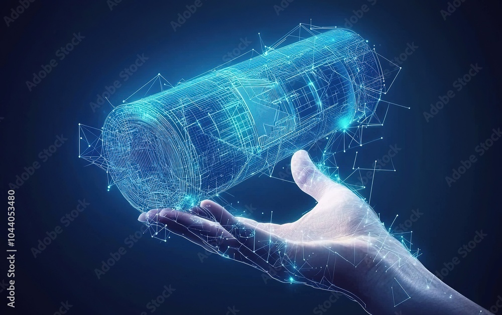 Poster digital rendering of a futuristic speaker held in a hand, showcasing advanced technology and design 