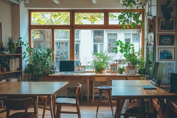 Fototapeta premium Bright workspace with large windows, wooden furniture, and lush greenery.