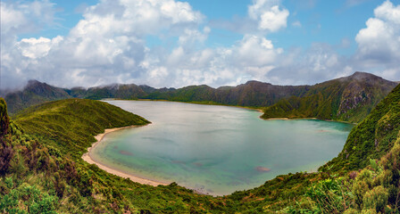 Stunning Lagoa de Fogo lagoon on th eimploded crater of a active but dormant, volcano São Miguel...