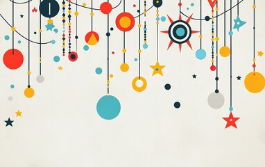 Colorful abstract decoration featuring stars, circles, and lines against a light background creating a playful atmosphere