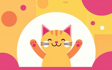 A cheerful cartoon cat with raised paws enjoying a playful, colorful background in a bright modern style