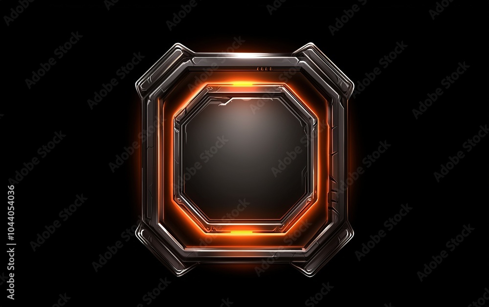 Poster futuristic glowing hexagonal frame with orange accents on dark background for digital artwork or des