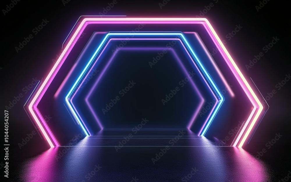 Poster hexagonal neon light tunnel with vibrant colors creating a dynamic atmosphere in a dark environment 