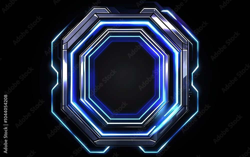Poster A futuristic octagonal frame design illuminated with blue lights and sleek metallic borders on a black background