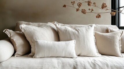 Neutral textured linen pillows on a comfortable sofa, creating a cozy  inviting home atmosphere.