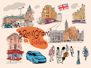 Set of Birmingham landmarks and buildings. Hand drawn vector illustration art. 