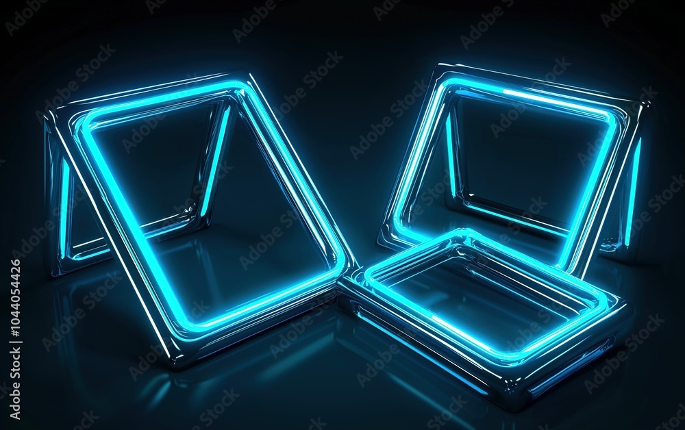 Poster glowing neon geometric shapes illuminated against a dark background showcasing modern design and cre