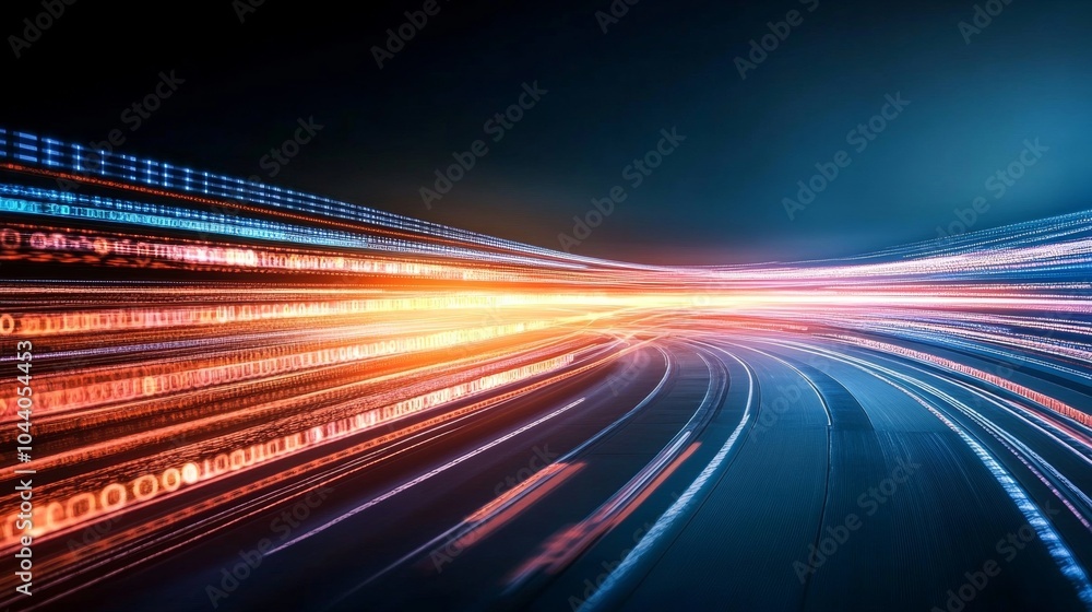 Poster binary code streams, light speeding through futuristic tunnel, digital data transfer, technology