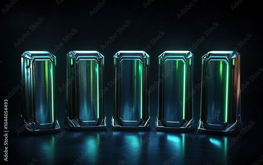 Poster shiny metallic blocks illuminated with green and blue lights on a dark background showcasing modern 