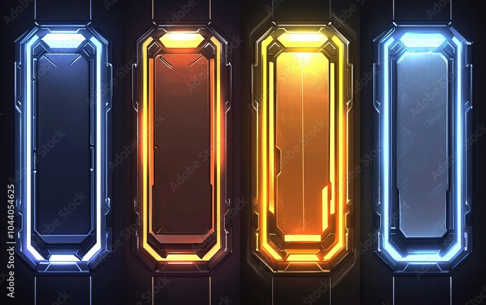 Poster futuristic interface design featuring illuminated panels in various colors against a dark background
