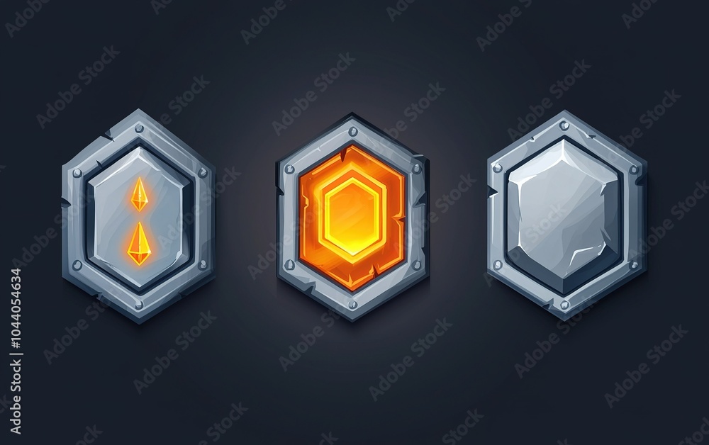 Poster three unique game icons featuring metallic shields with different colored gemstones designed for a f