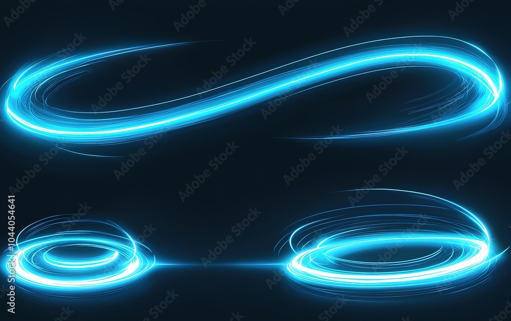 Poster dynamic blue light trails creating abstract patterns against a dark background, illustrating movemen