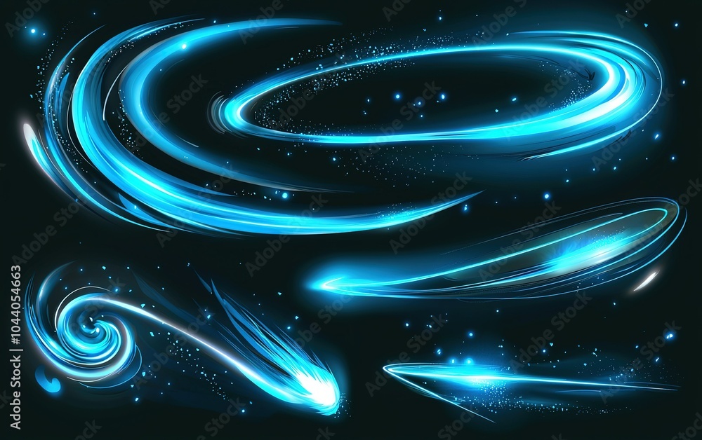 Poster dynamic blue light trails and cosmic swirls create an ethereal display in a dark backdrop, showcasin