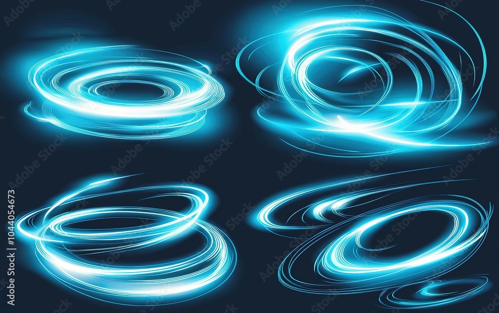 Poster dynamic glowing light trails swirling in abstract patterns on a dark background showcasing vibrant e