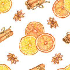 Orange slices, star anise, and cinnamon sticks clipart. Seamless pattern in watercolor. Ideal for textile design, gift wraps, or product labels for food-related merchandise or seasonal collections