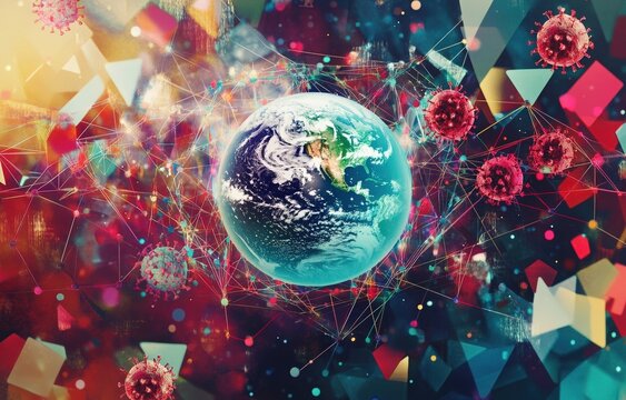 A colorful abstract image of the Earth surrounded by abstract representations of the Coronavirus.