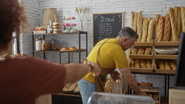Man working in bakery assisting woman with bread in a cozy indoor shop filled with various pastries and bread loaves