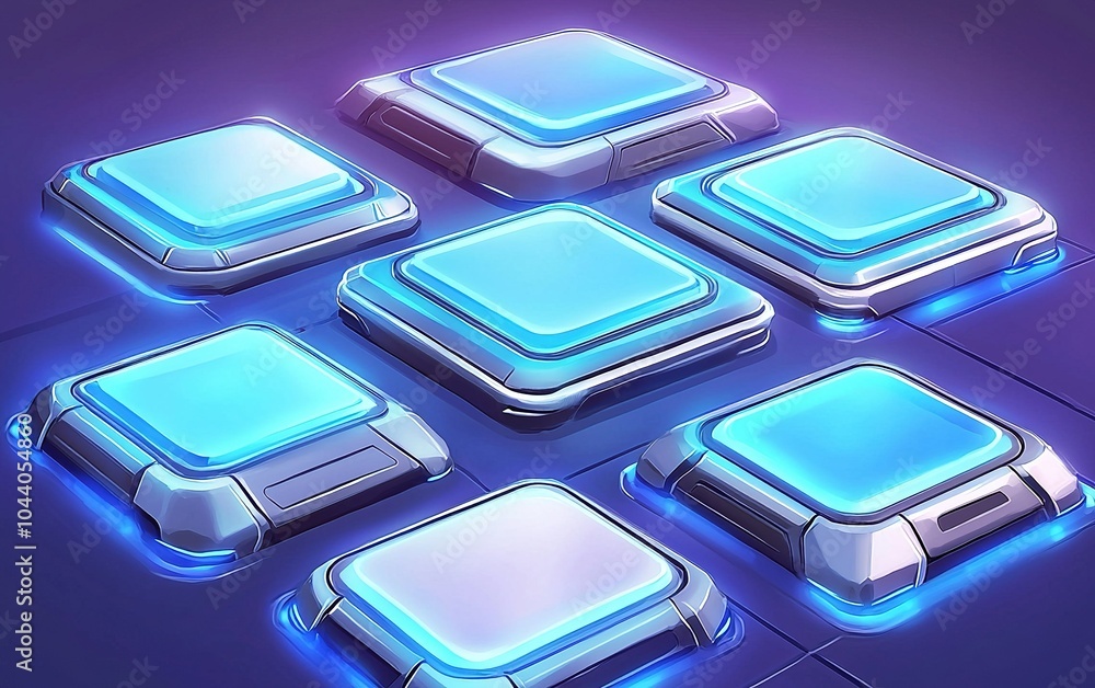 Poster colorful backlit buttons on a futuristic control panel, designed for a gaming interface, creating an