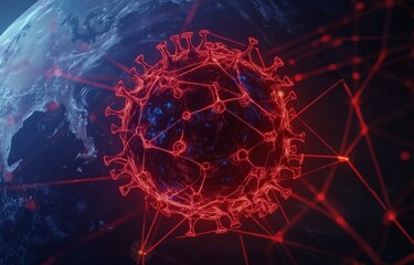 A digital illustration of a virus spreading across the globe.