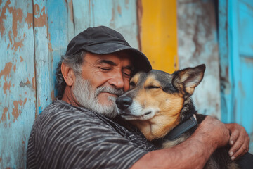 Mature man and dog hugging, friendship, best friend dog