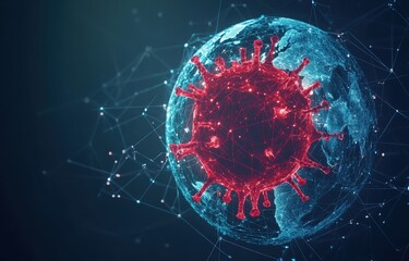 A digital representation of a virus enveloping the globe.