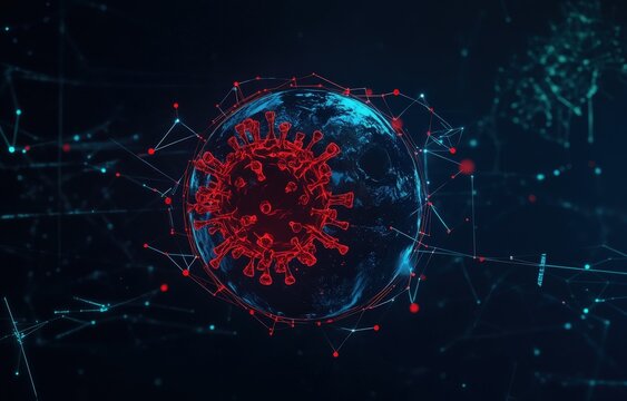 A digital representation of the Earth with a coronavirus particle. - Powered by Adobe