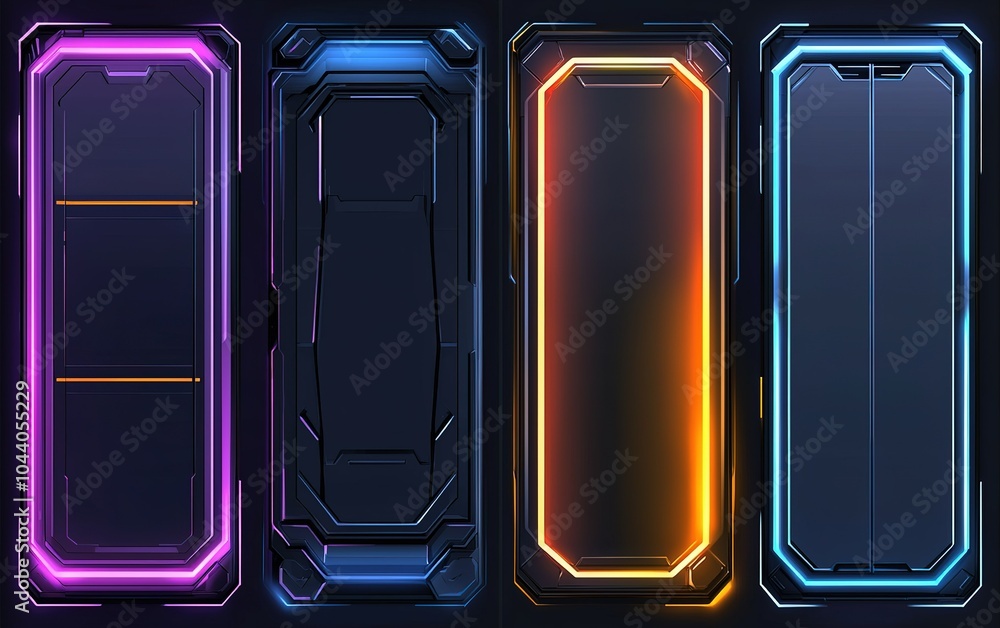 Poster futuristic user interface panels with glowing neon edges in various shapes and colors on a dark back