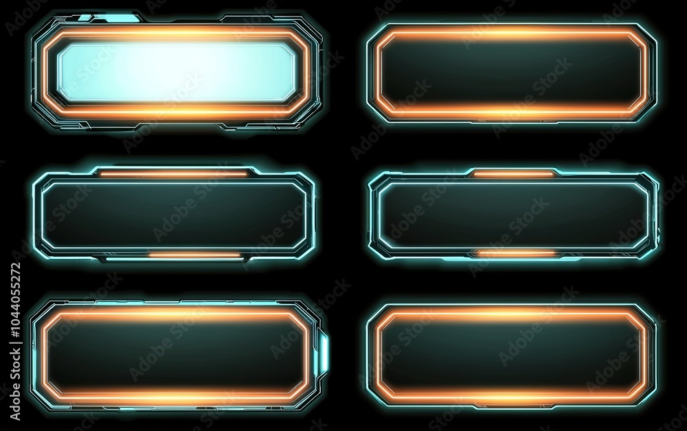Poster futuristic digital interface elements with glowing borders in various shapes and sizes