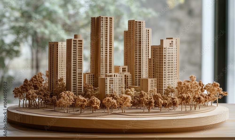 Poster detailed scale model of a residential building housing project with multiple towers in a modern urba