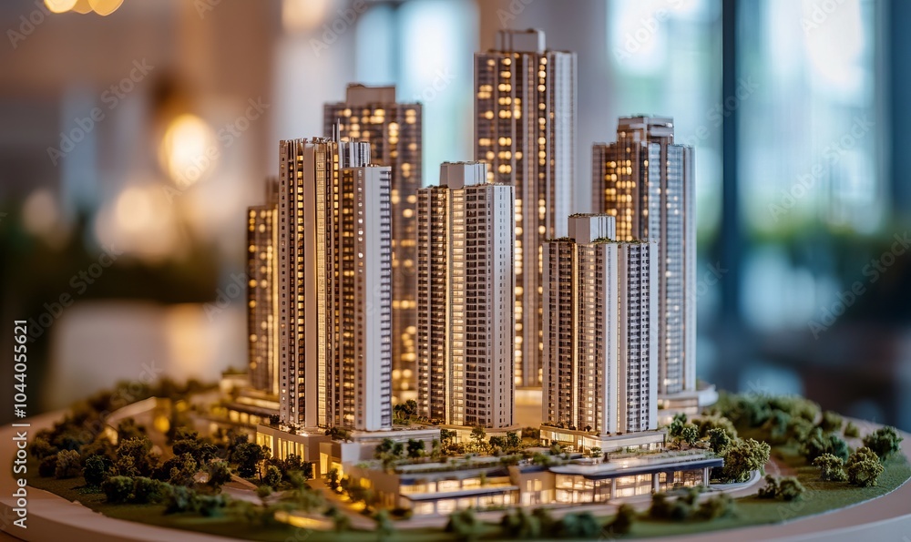 Poster detailed scale model of a residential building housing project with multiple towers in a modern urba
