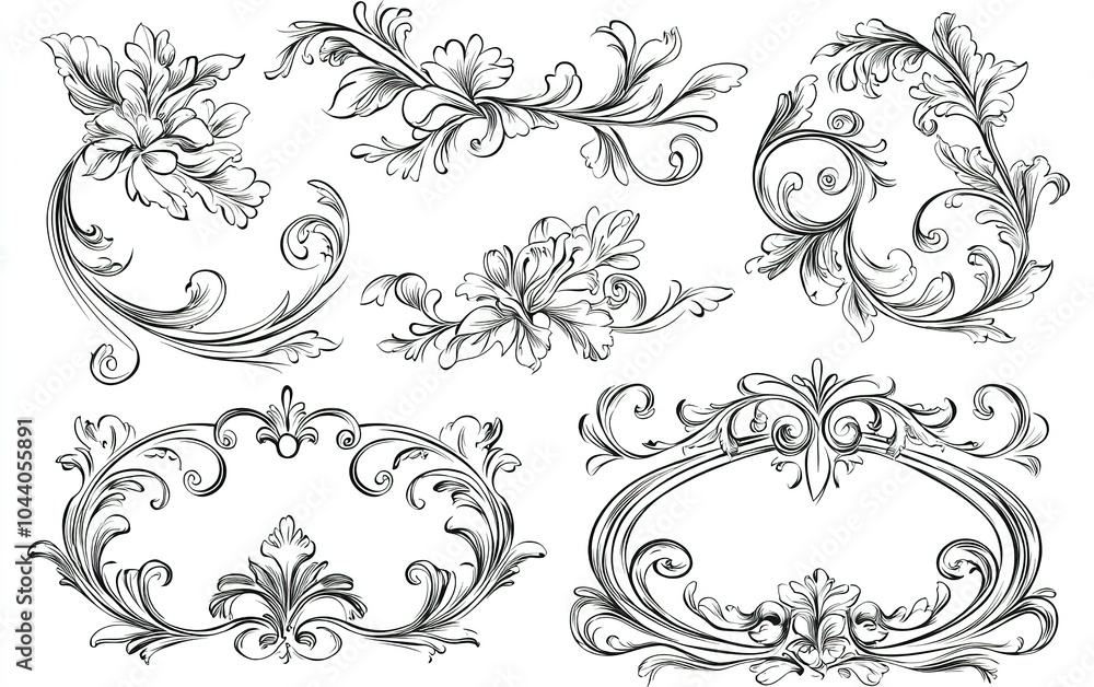 Poster elegant floral decorative elements in intricate line art style suitable for design projects and craf