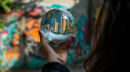 MONTREAL CANADA SEPTEMBER 4 2015: Street art woman hold a snow globe of Saint-Joseph oratory . Montreal is the perfect place to walk in the back alleys and abandoned areas, looking for street art. 