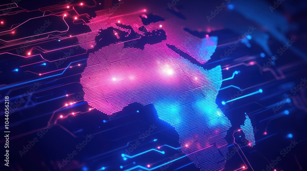 Poster digital representation of africa with glowing circuits, symbolizing technology and connectivity.