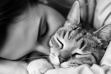 Woman and cat cuddling, veterinarian cares, hugs and kisses cat