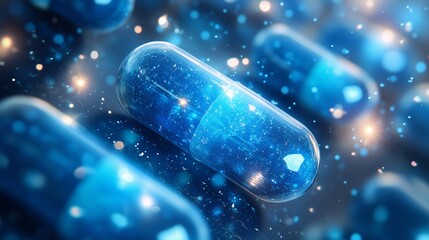 Floating Blue Capsules with Sparkling Effect