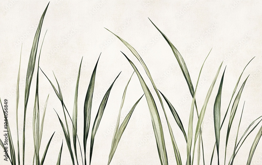 Poster close-up view of delicate green grass blades swaying gently against a soft pastel background in a tr