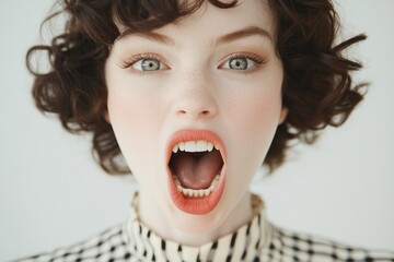 a beautiful woman screaming, focusing on lip, beautiful lip, dracula teeth, looking at camera