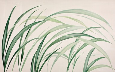Lush green grass blades gracefully arranged against a soft beige background capturing a serene botanical aesthetic