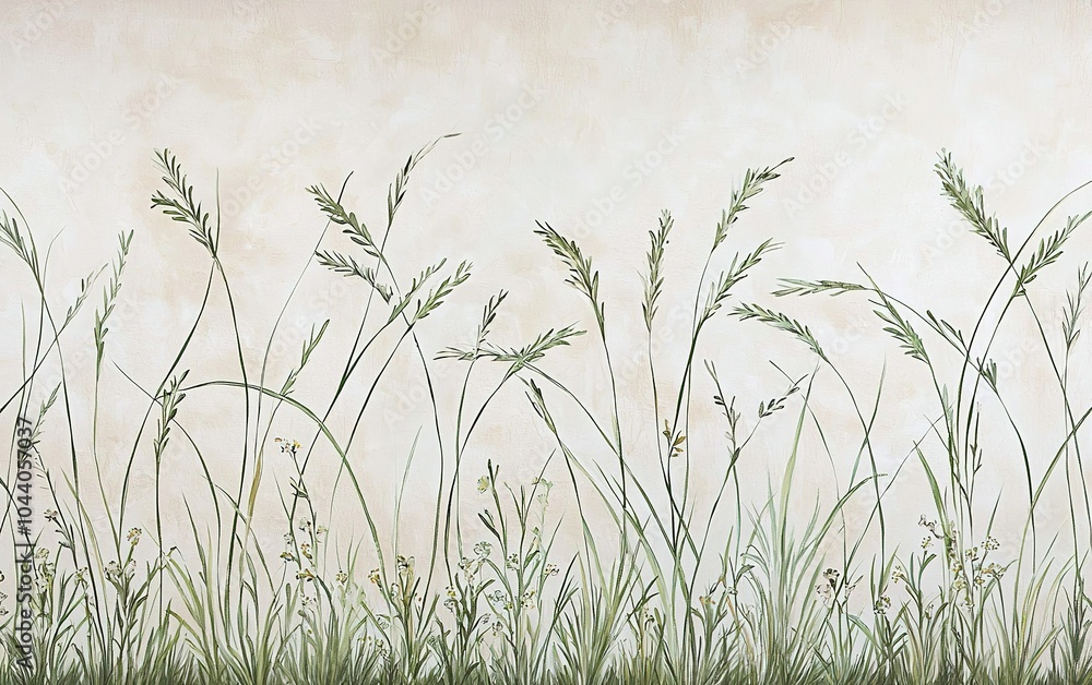 Poster lush wild grass with delicate variations swaying gently in the breeze against a soft, muted backgrou