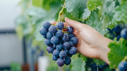 A close-up of a hand picking fresh grapes in a lush vineyard at dawn