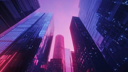 Obraz premium A vibrant view of modern skyscrapers under a pink and purple sky.